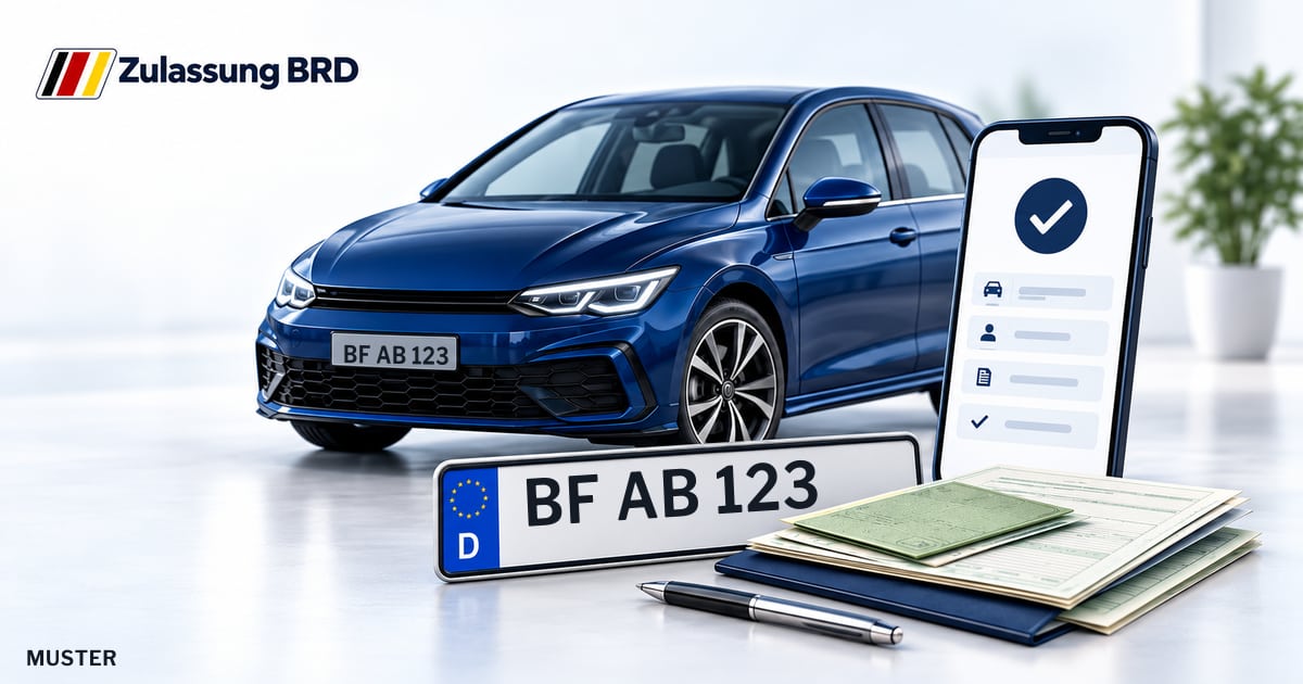 Online Fahrzeugzulassung in Hörstel: Musterkennzeichen BF AB 123, Auto und Fahrzeugpapiere und Smartphone. Illustration mit Logo von Zulassung BRD.
